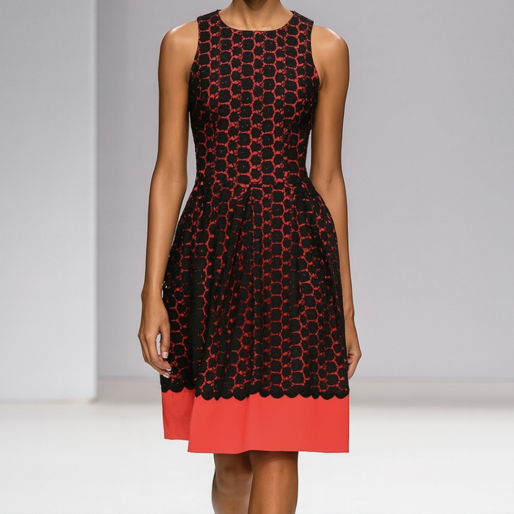 Tenax Made in Italy Cotton Navy Red Floral Lace Cocktail Party Dress Size Small
